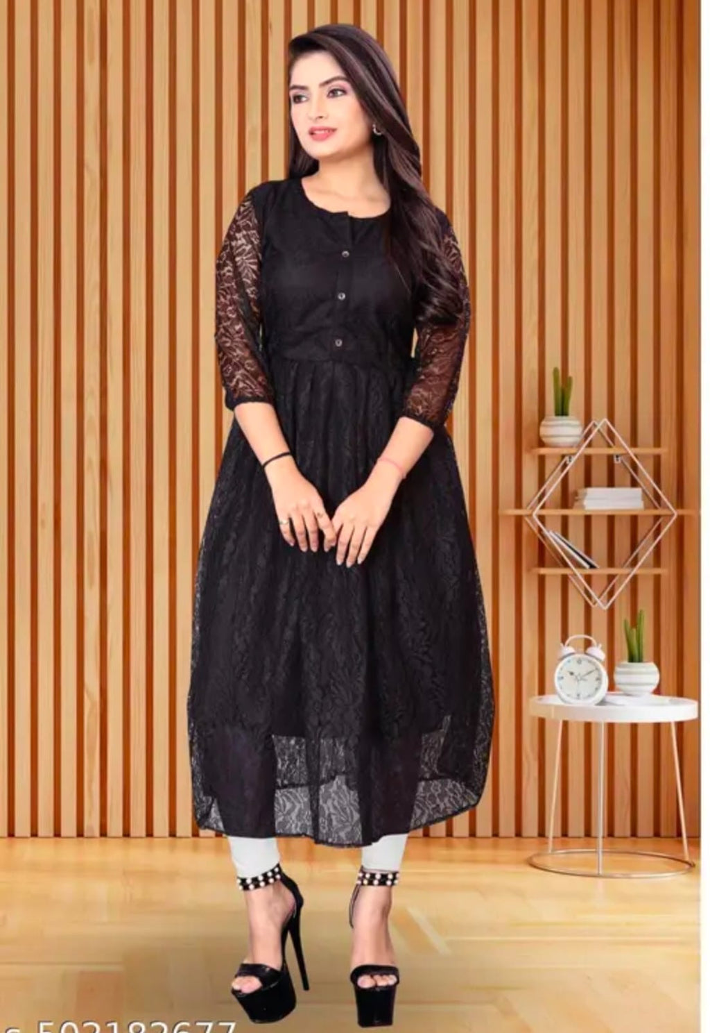 Elegant Button-Down Floral Lace Flared Kurti