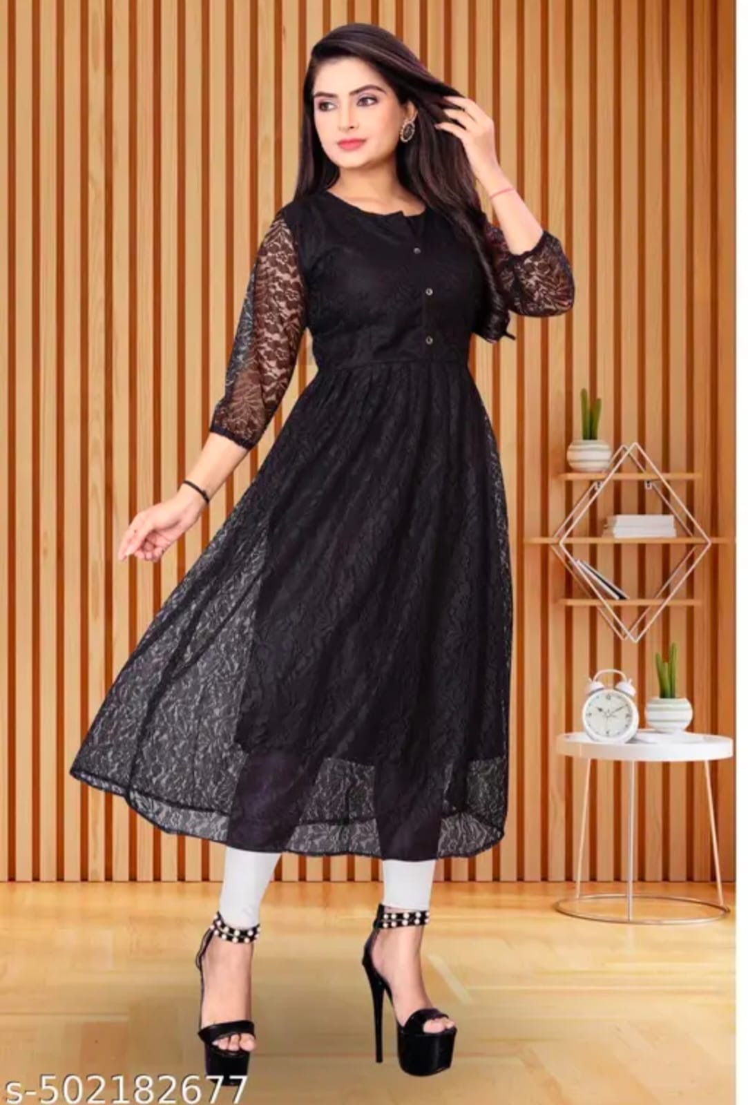 Elegant Button-Down Floral Lace Flared Kurti