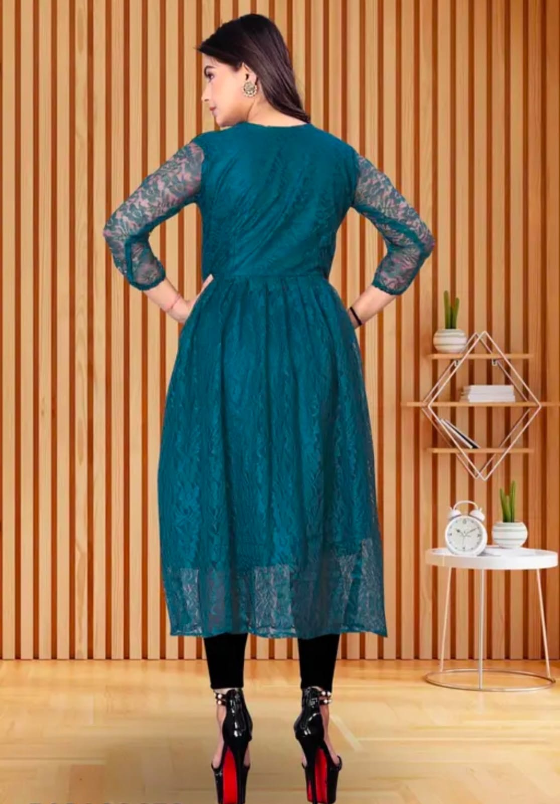 Elegant Button-Down Floral Lace Flared Kurti