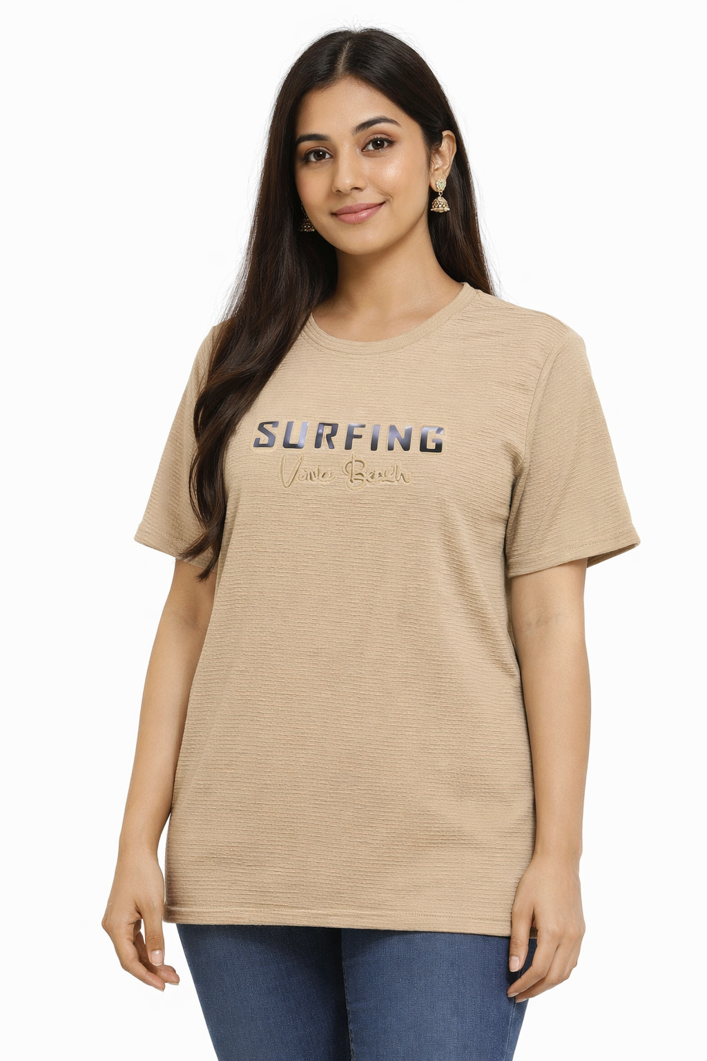 Women’s Beige Textured Printed T-Shirt