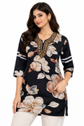 Dark Blue Floral Kurti with Golden Embellished Neck
