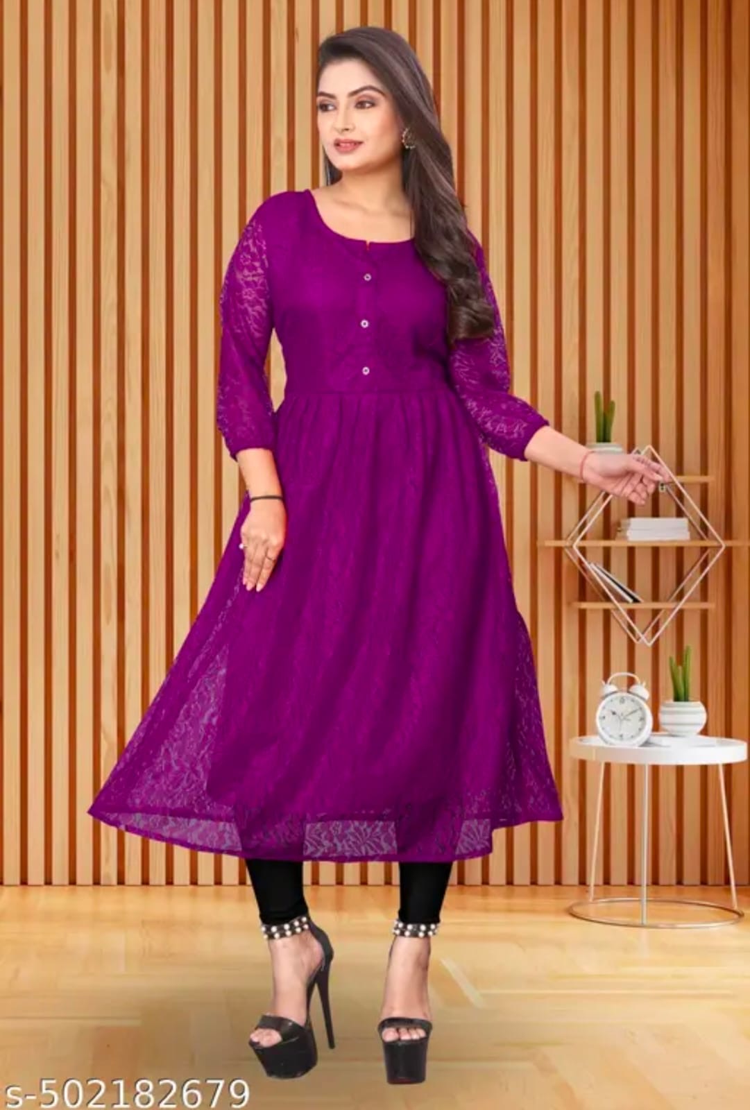 Elegant Button-Down Floral Lace Flared Kurti