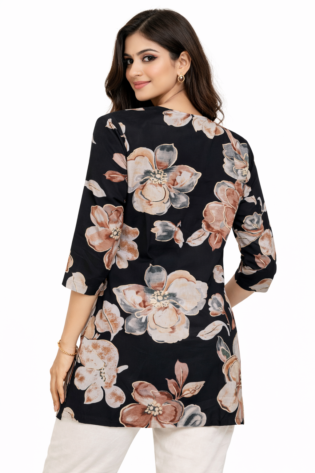 Dark Blue Floral Kurti with Golden Embellished Neck