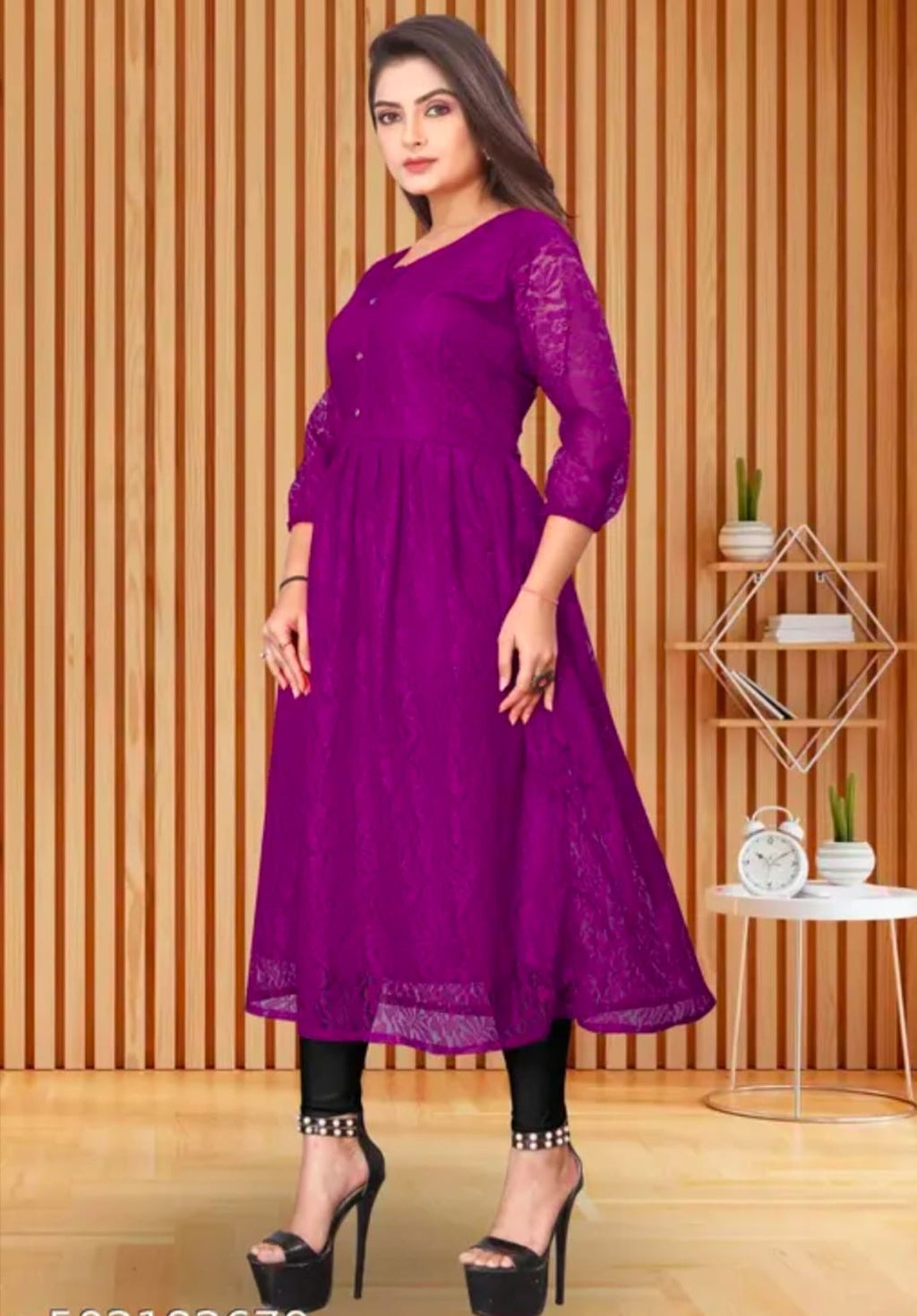 Elegant Button-Down Floral Lace Flared Kurti