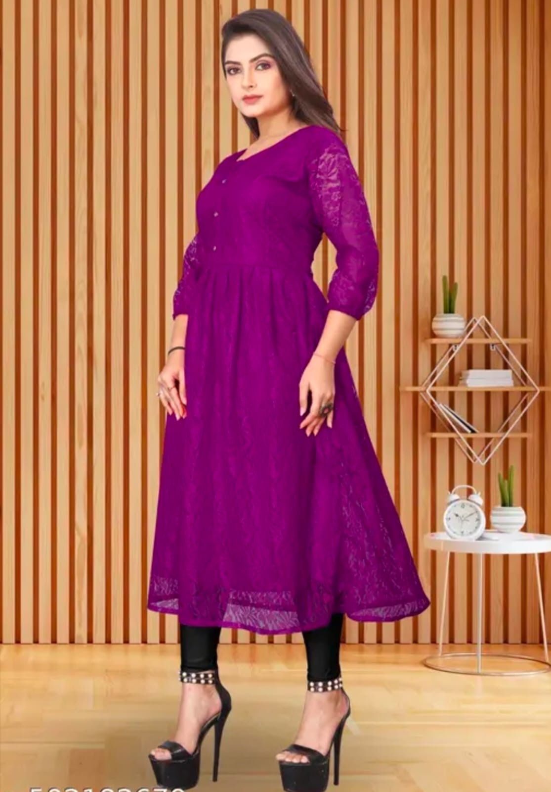 Elegant Button-Down Floral Lace Flared Kurti