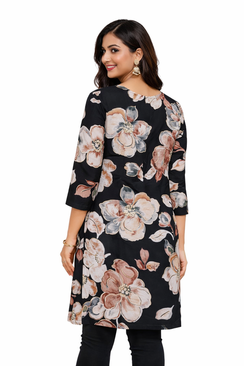 Dark Blue Floral Kurti with dark blue Embellished Neck