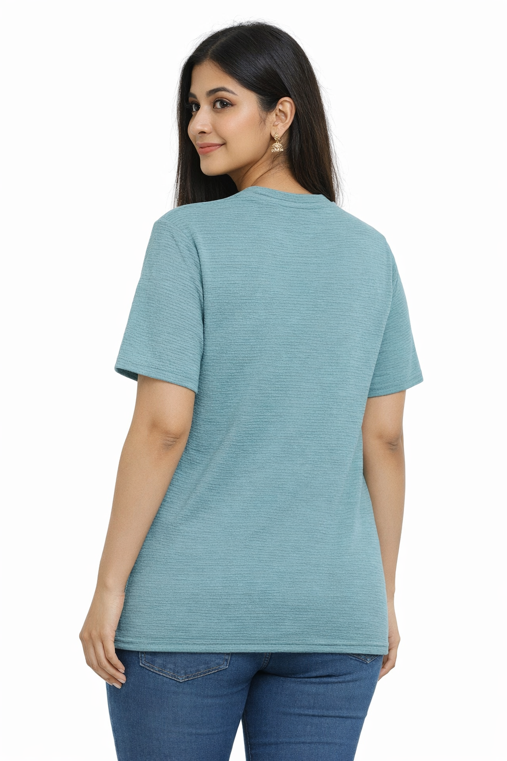 Women’s Teal Blue Textured Printed T-Shirt
