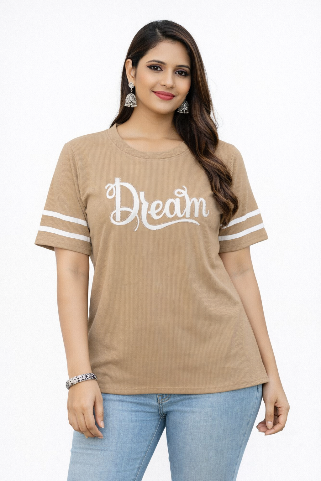 Dream Ribbed Half-Sleeve T-Shirt – Beige