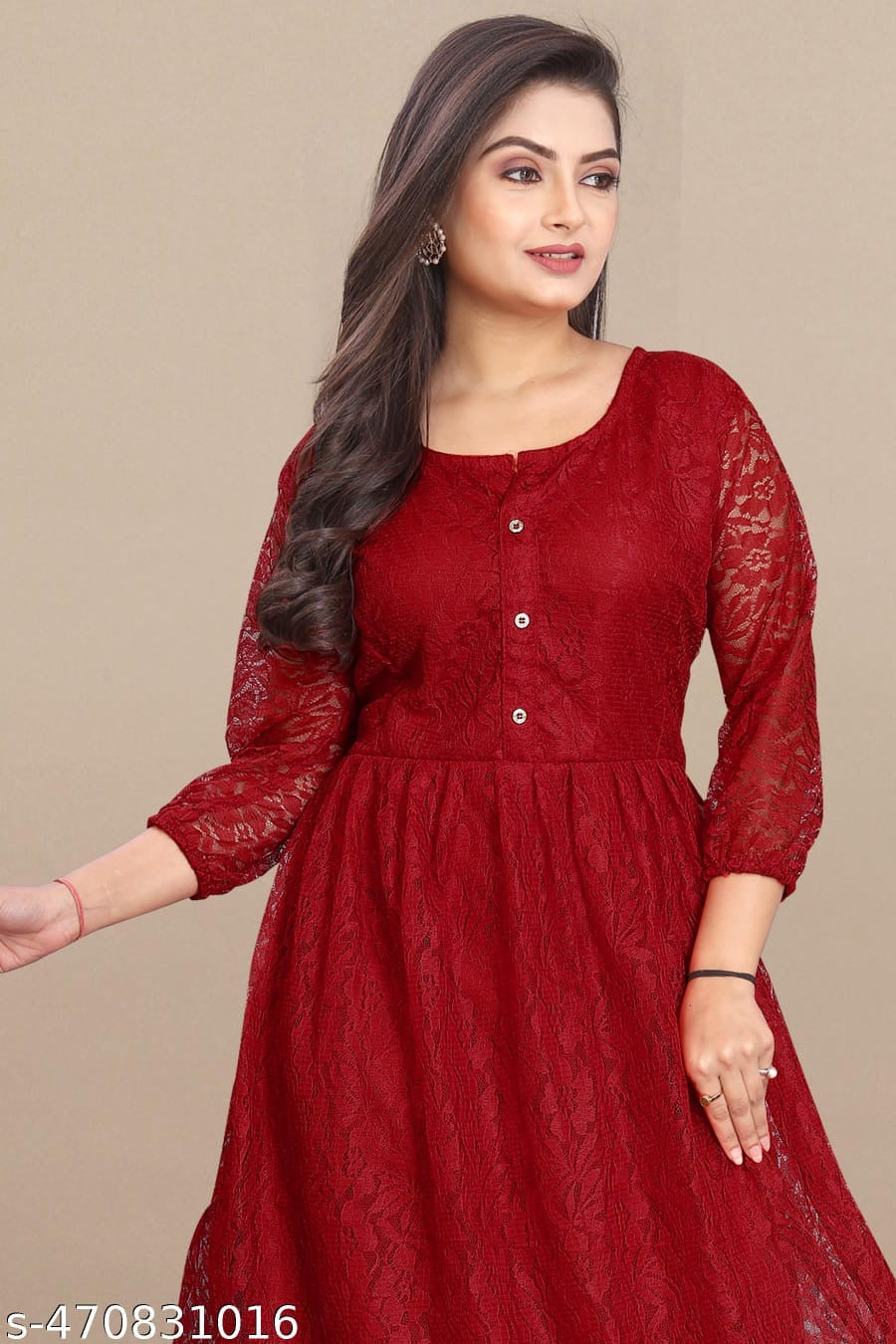Elegant Button-Down Floral Lace Flared Kurti