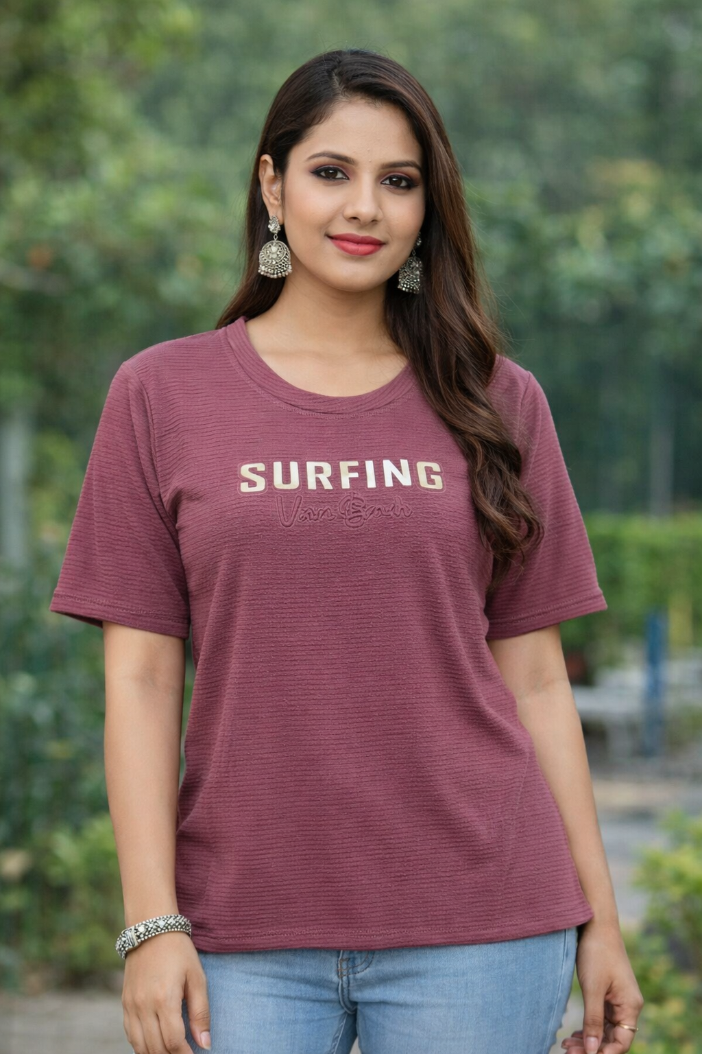 Women’s Maroon Textured T-Shirt