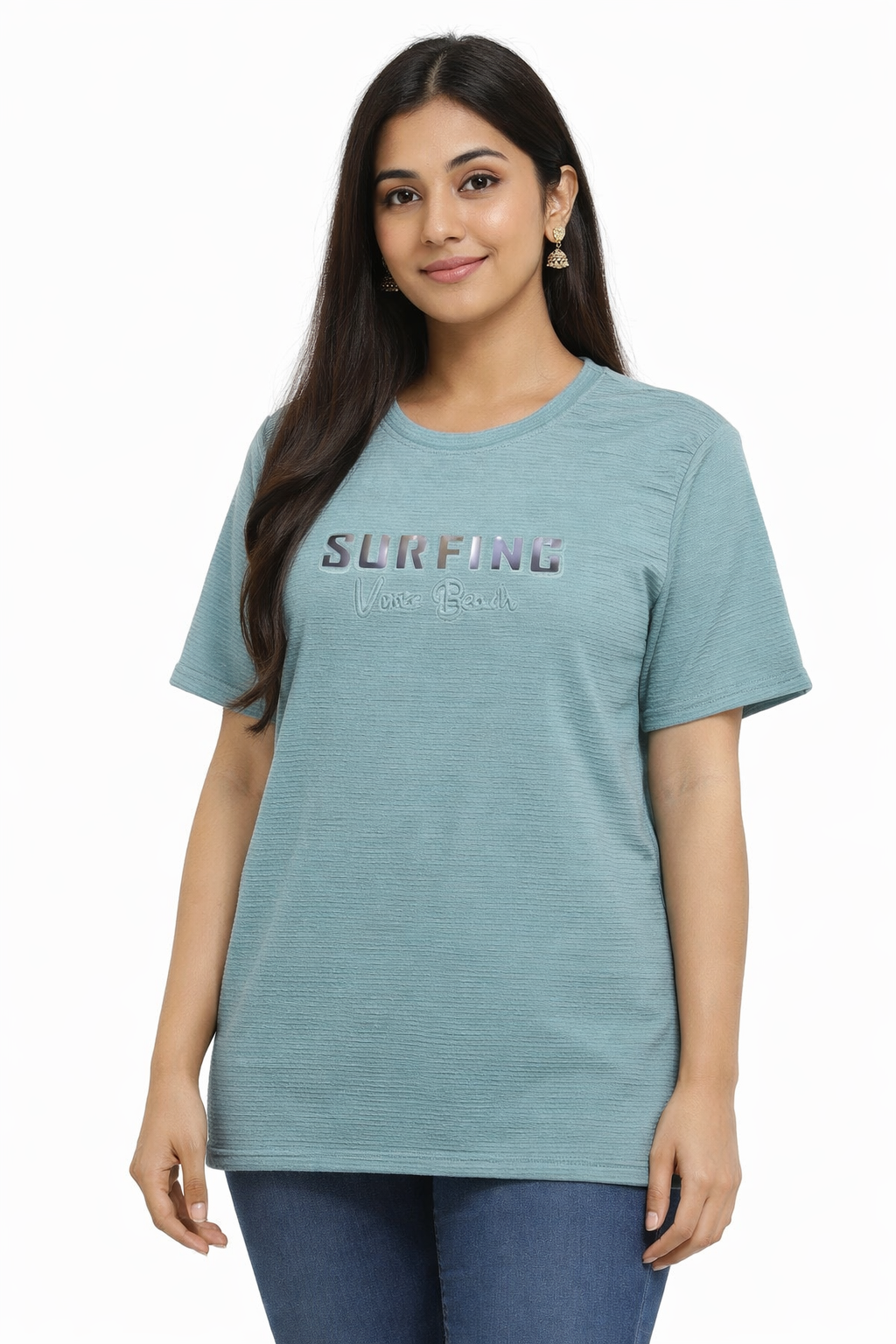 Women’s Teal Blue Textured Printed T-Shirt