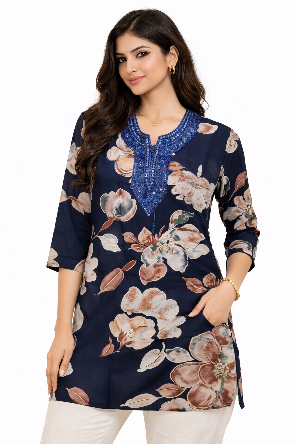 Dark Blue Floral Kurti with Embroidered Neck