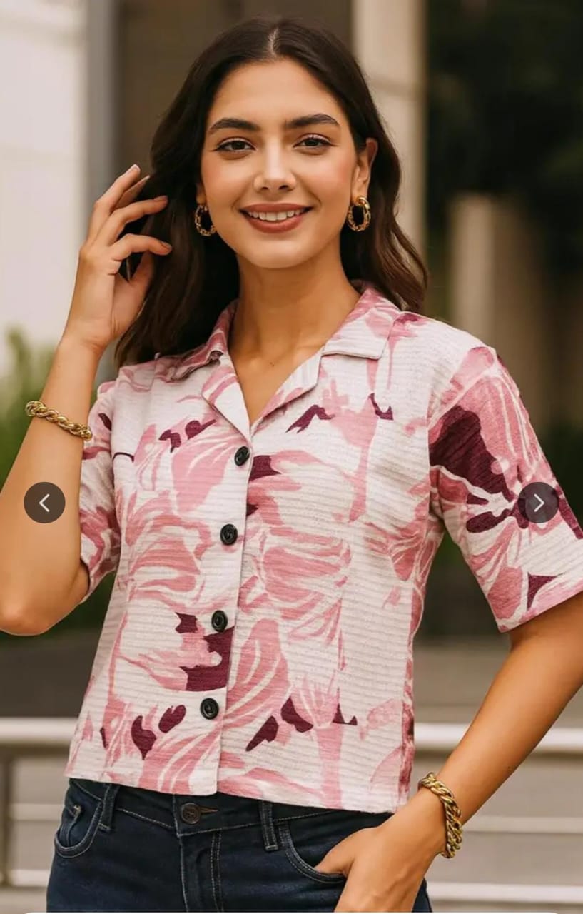 Women's Textured Pink & Burgundy Floral Button-Down Shirt