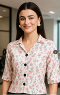 White Floral Print Collared Top