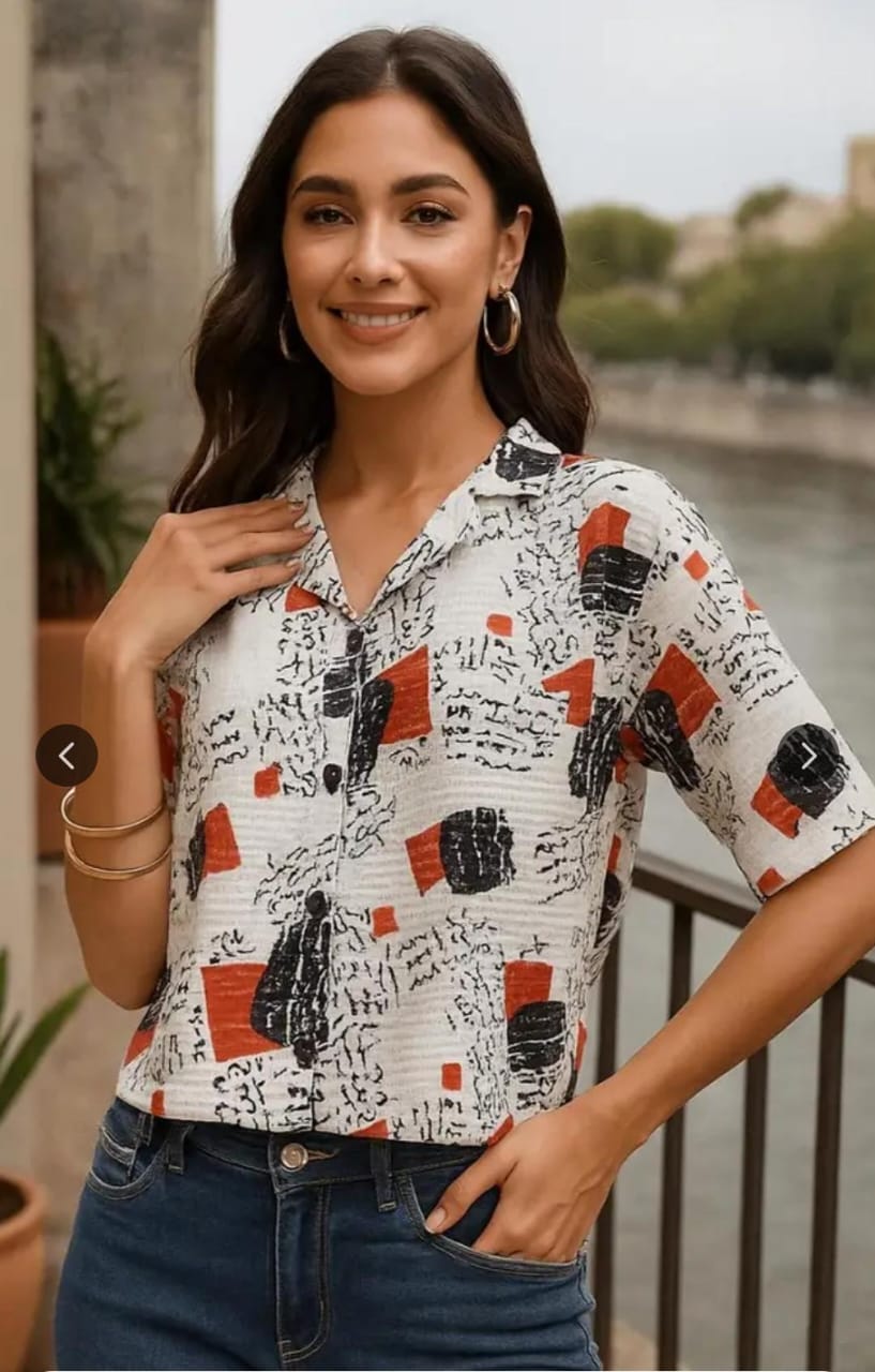 Women’s Abstract Printed Button-Down Shirt (White & Rust)