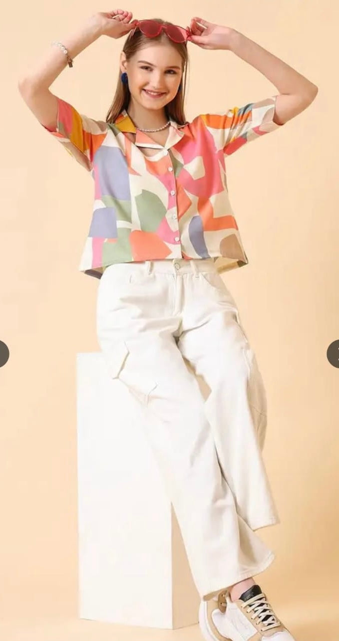 Women’s Multicolor Printed Cropped Shirt (Abstract Print)