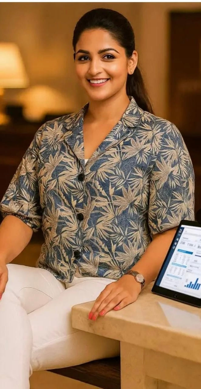 Women’s Printed Button-Down Shirt (Blue Leaf Print)