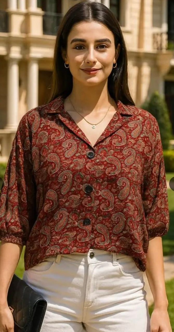 Women’s Printed Button-Down Shirt (Maroon Paisley)