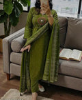 Olive Green Kurta Set with Traditional Print Dupatta