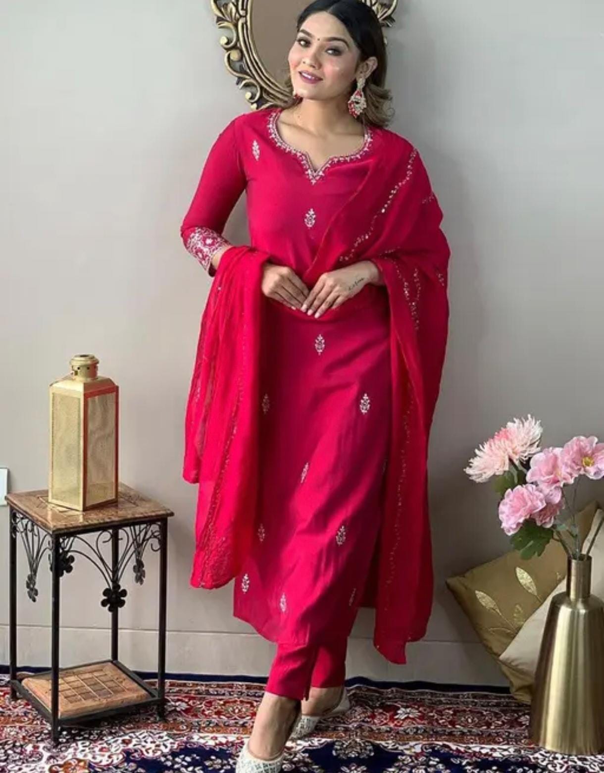 Rani Pink Embroidered Kurta Set