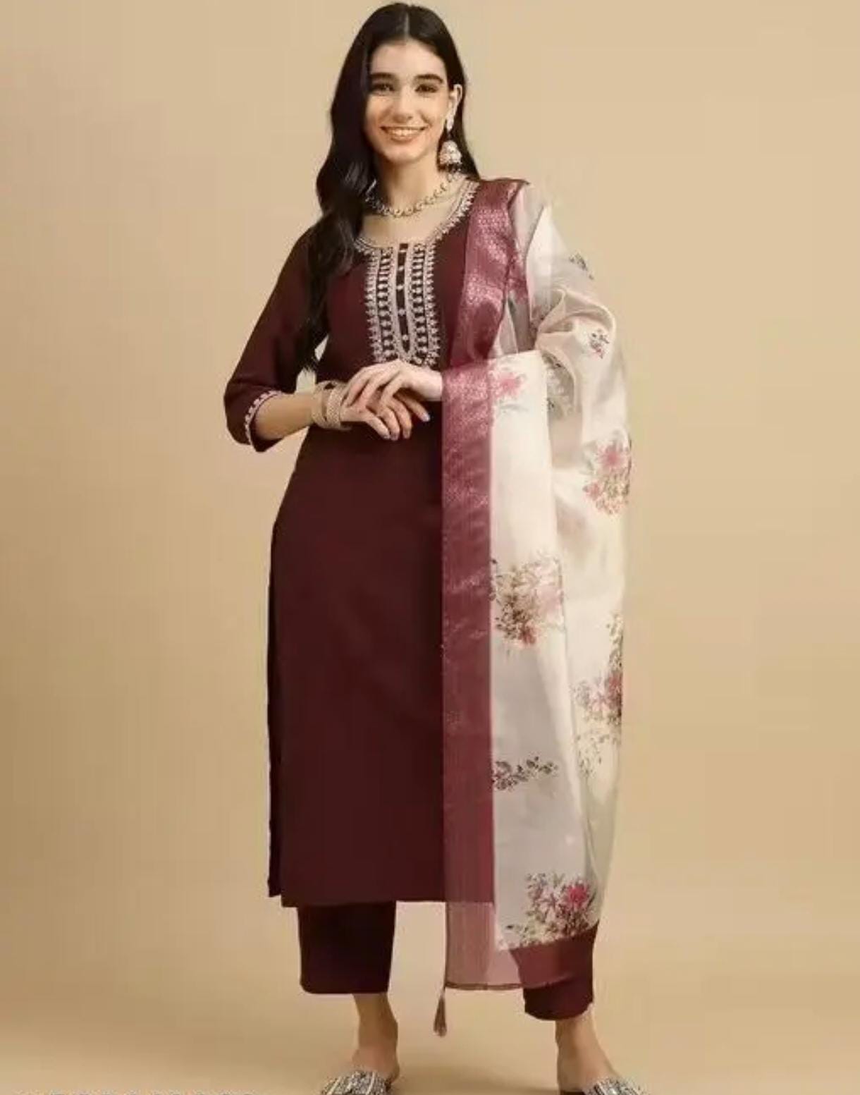 Wine Maroon Kurta Set with Floral Dupatta
