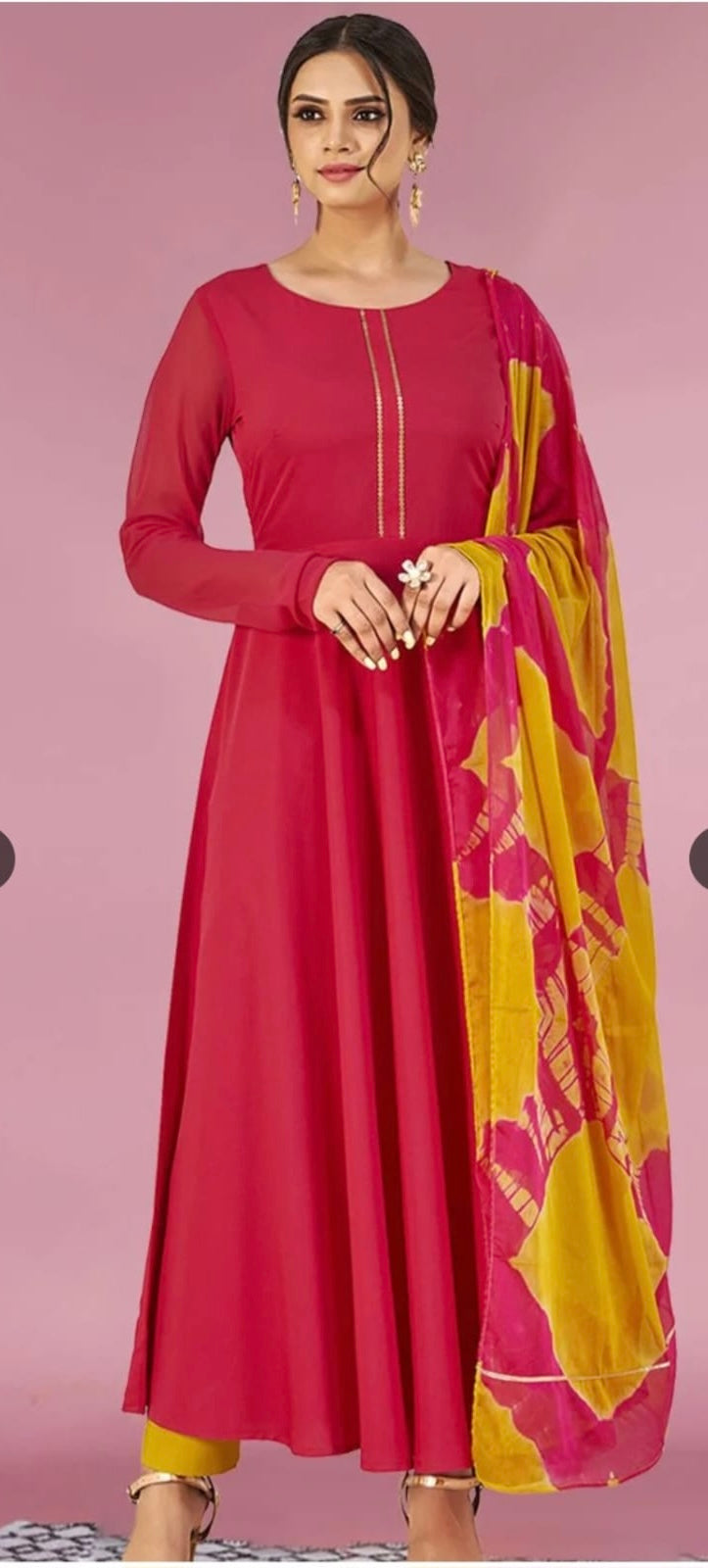 Fuchsia Pink & Mustard Bandhej Set