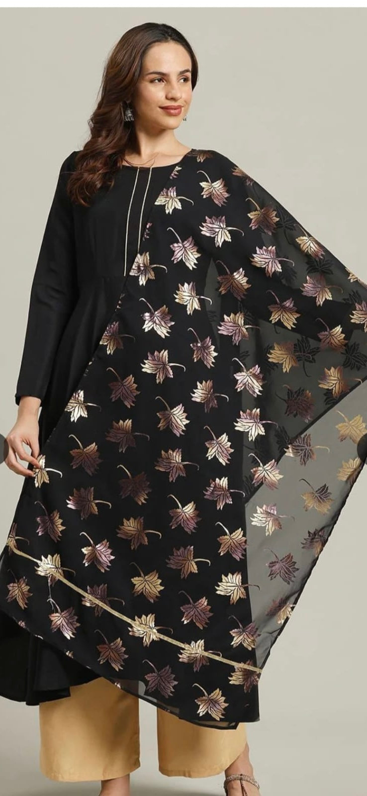 Midnight Black Leaf Print Anarkali