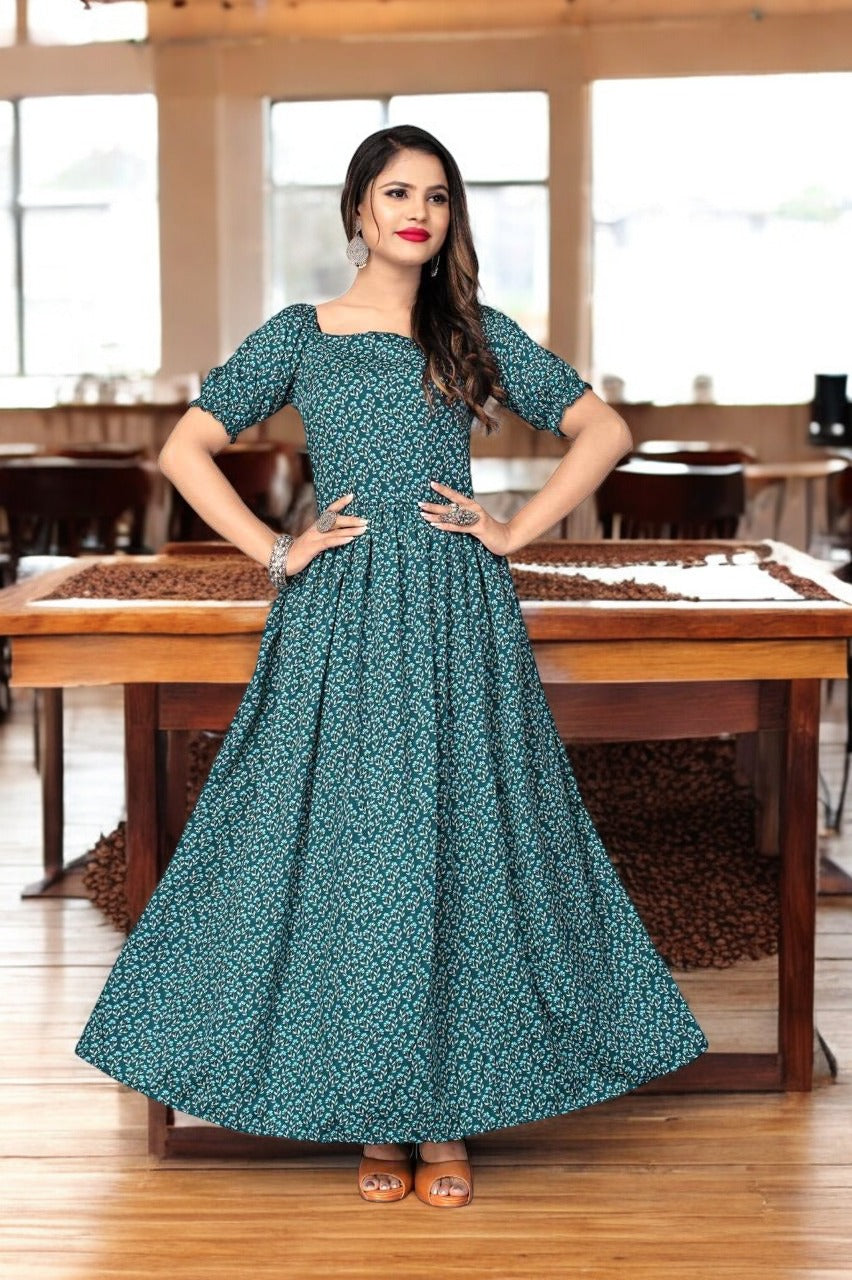 Green Printed Flared Gown