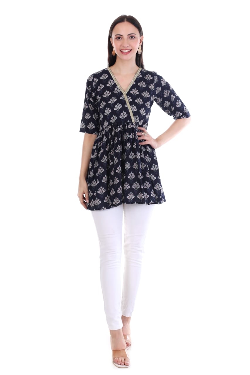 Navy Blue Printed V-Neck Kurti