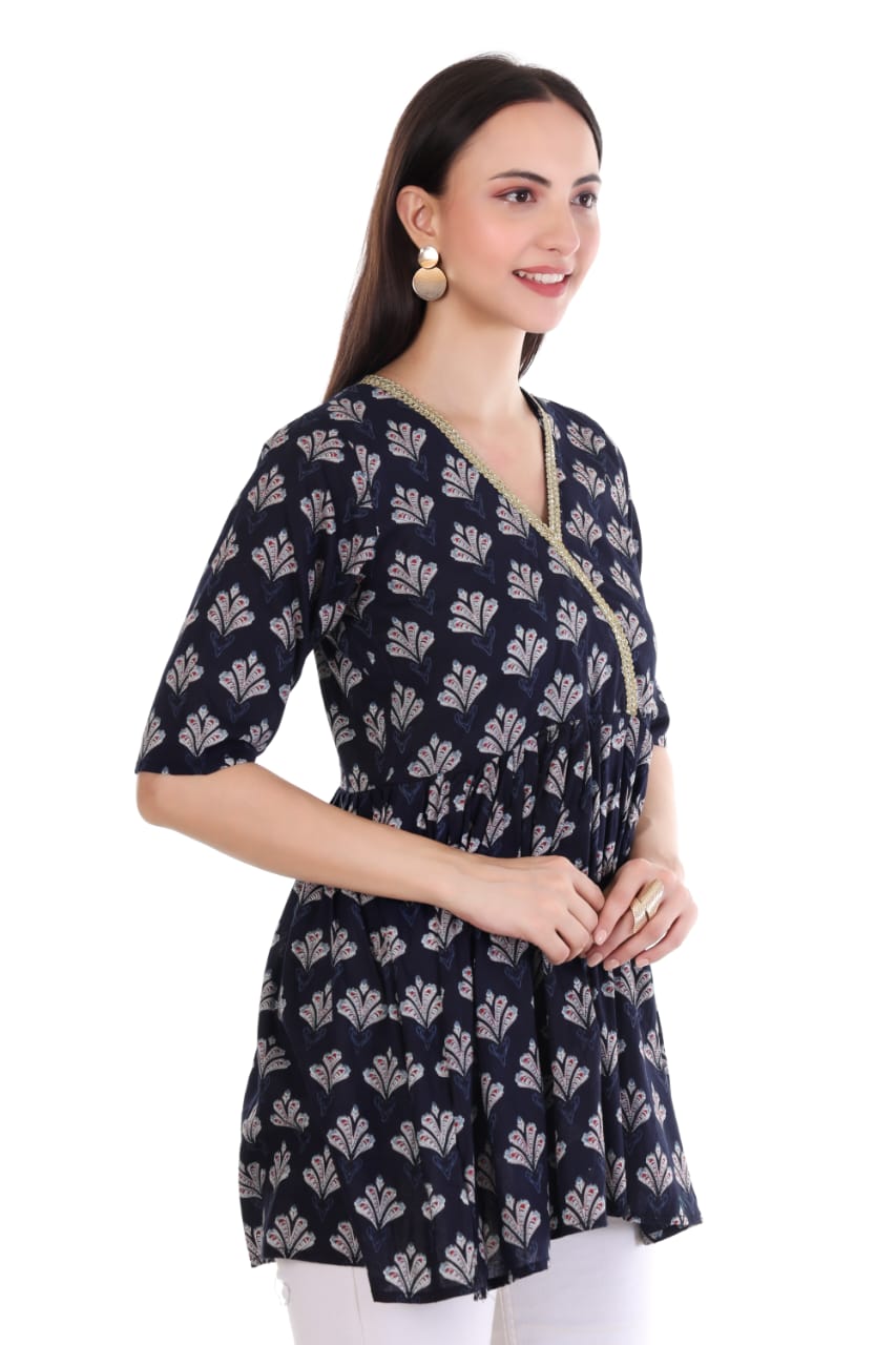 Navy Blue Printed V-Neck Kurti
