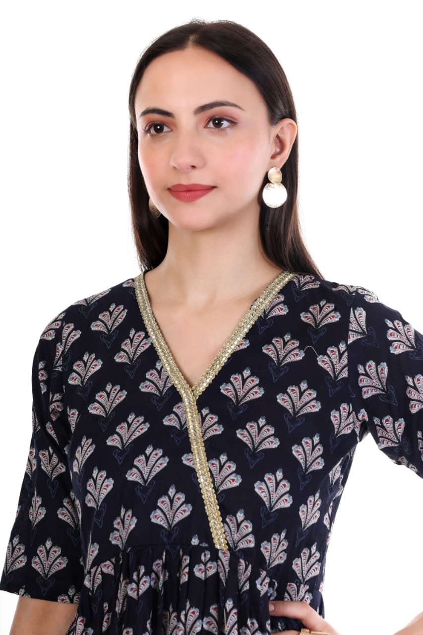 Navy Blue Printed V-Neck Kurti