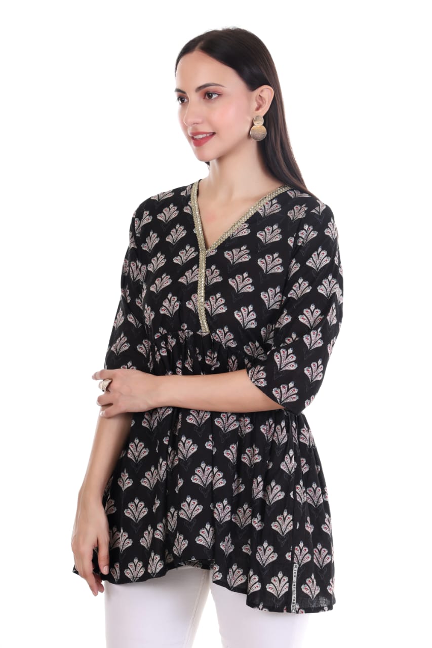 Navy Blue Printed V-Neck Kurti