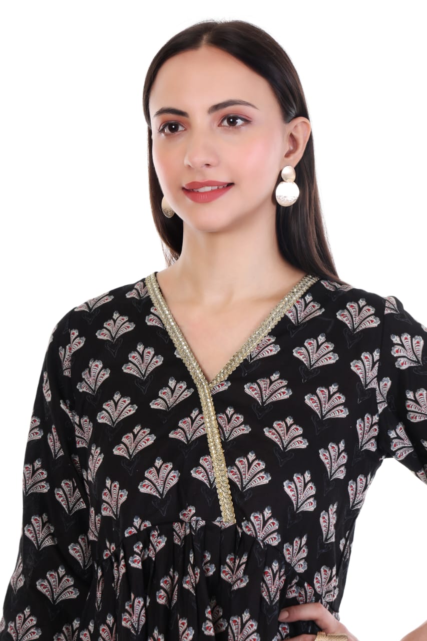 Navy Blue Printed V-Neck Kurti