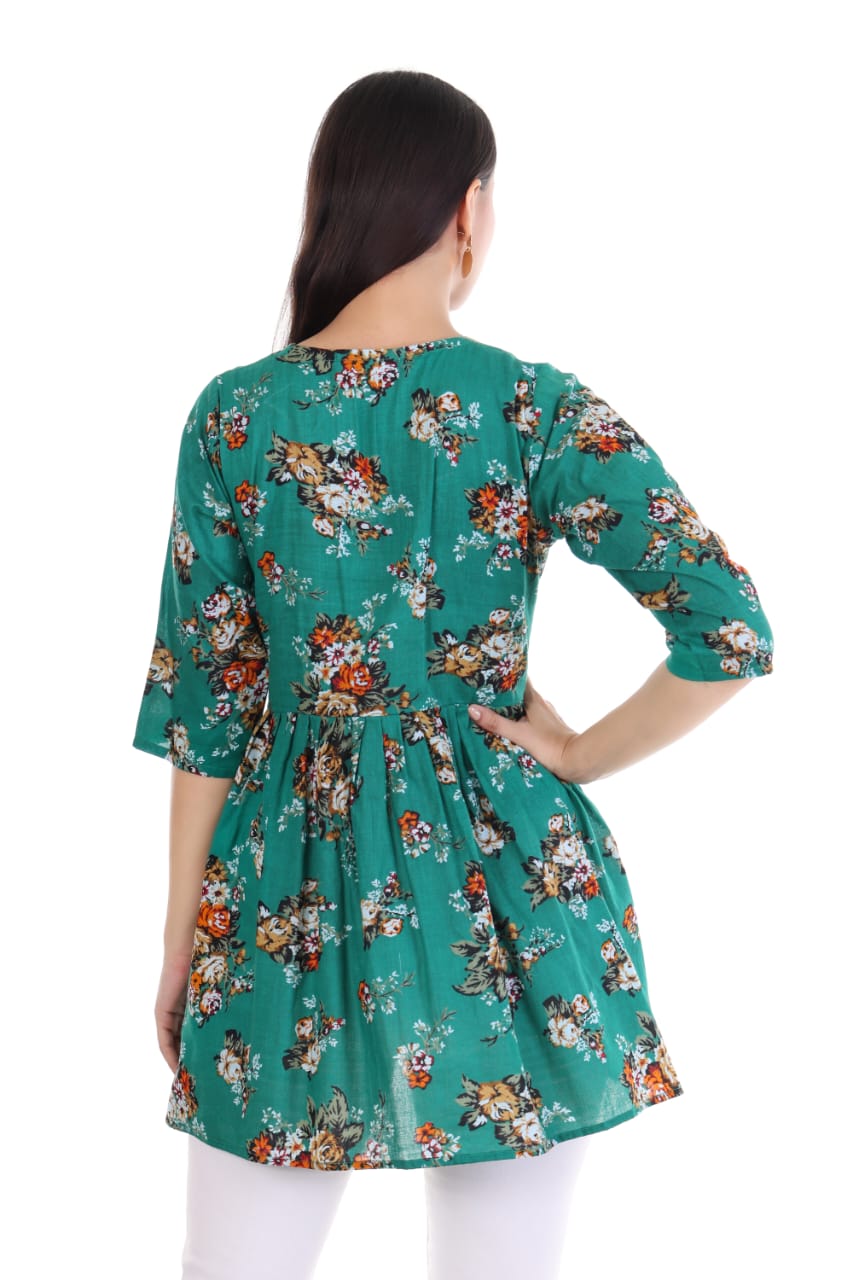 Green Floral Printed V-Neck Kurti