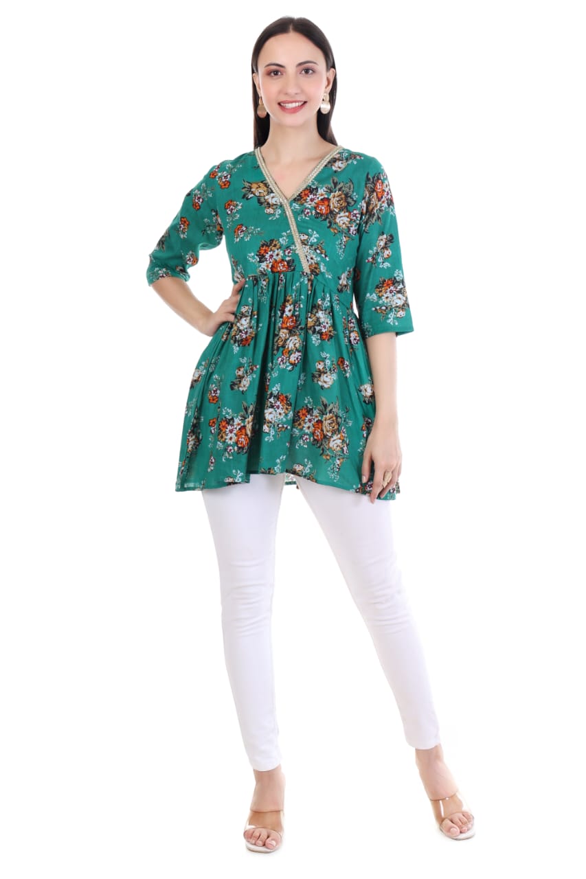 Green Floral Printed V-Neck Kurti