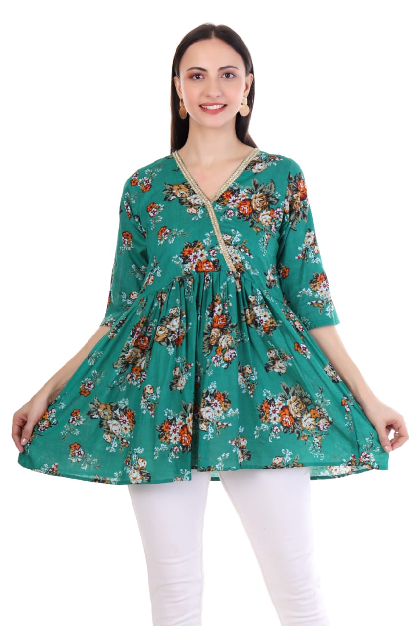 Green Floral Printed V-Neck Kurti