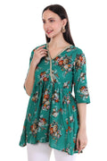 Green Floral Printed V-Neck Kurti