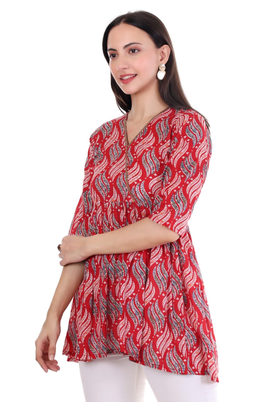Classic Red Printed V-Neck Kurti