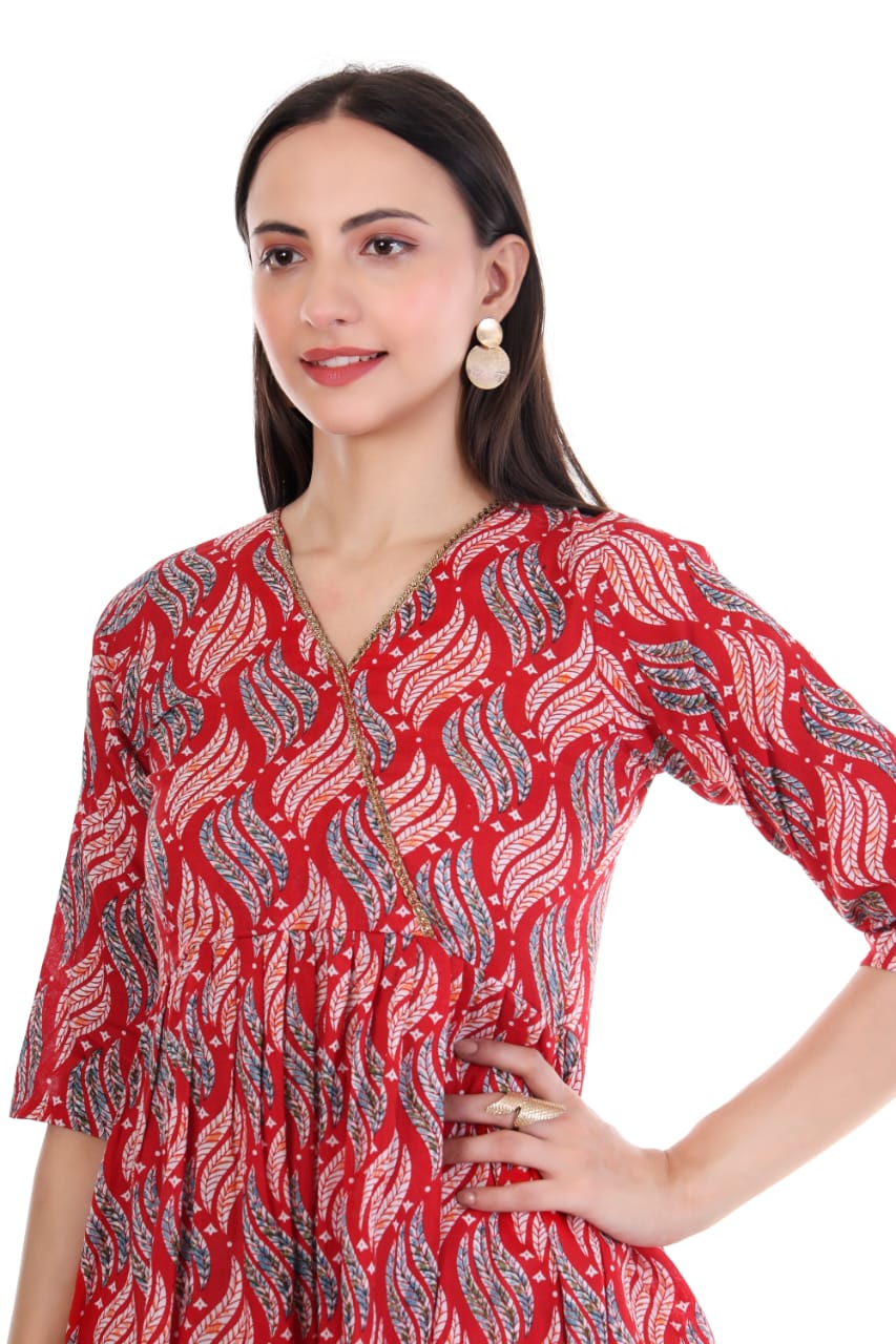 Classic Red Printed V-Neck Kurti