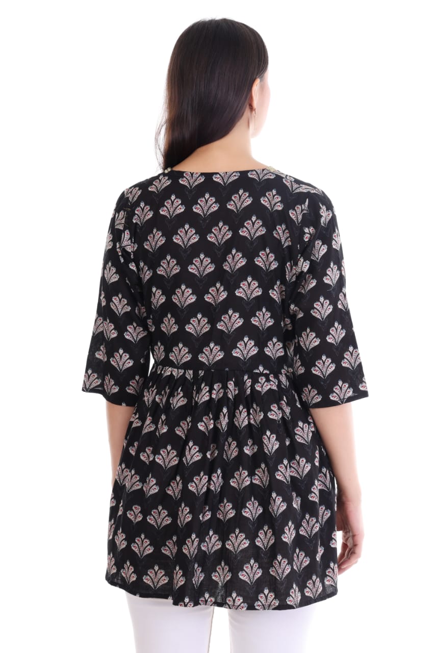 Black Printed V-Neck Kurti