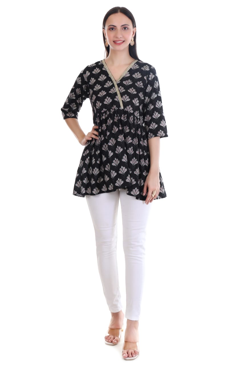 Black Printed V-Neck Kurti