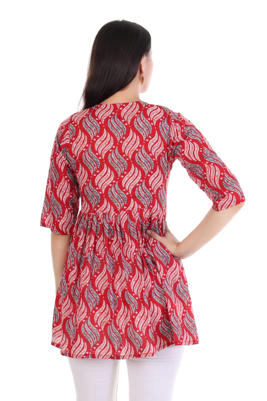 Classic Red Printed V-Neck Kurti