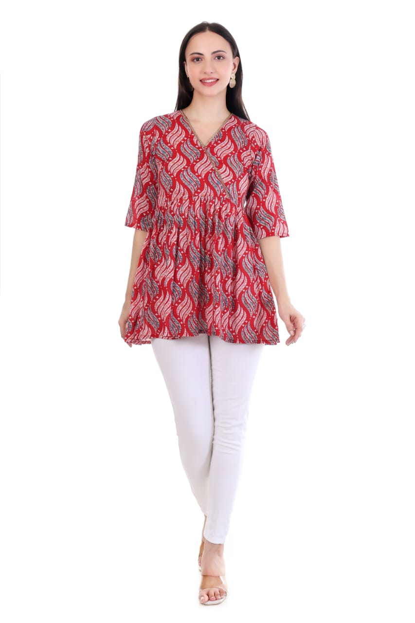 Classic Red Printed V-Neck Kurti