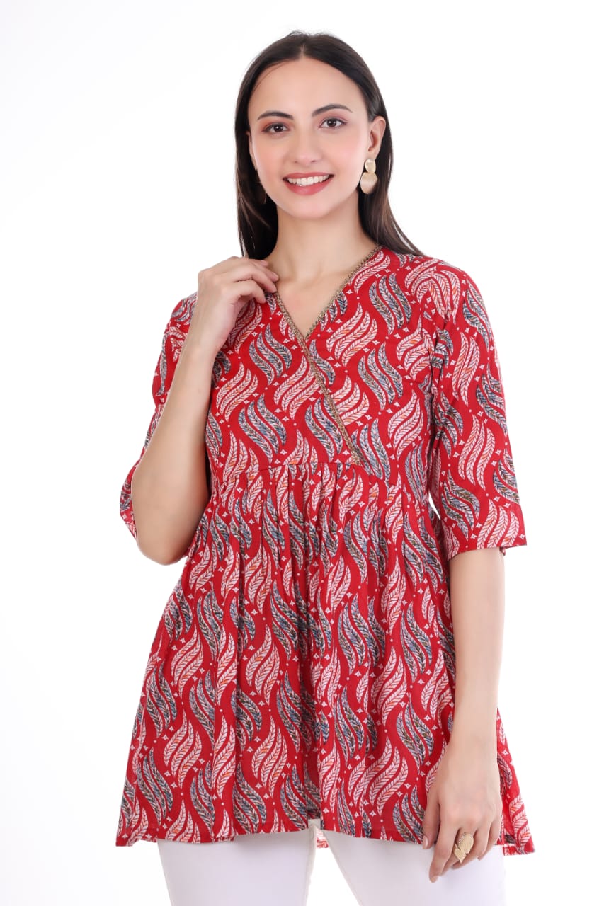 Classic Red Printed V-Neck Kurti