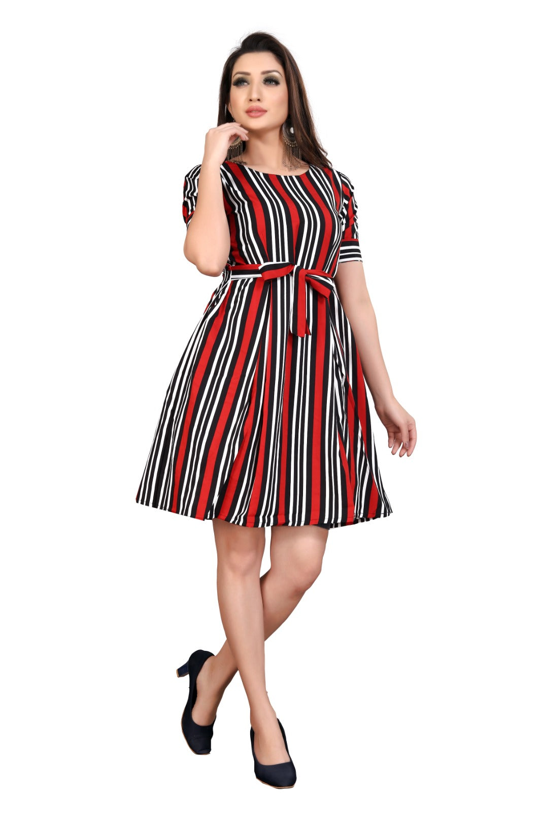 Black & Red Striped Dress with Waist Tie