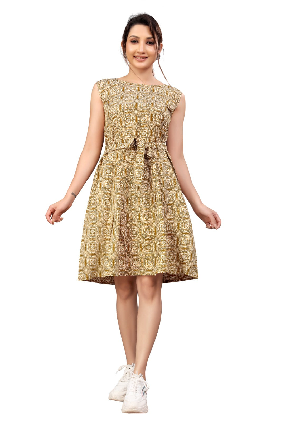 Mustard Printed Sleeveless Dress