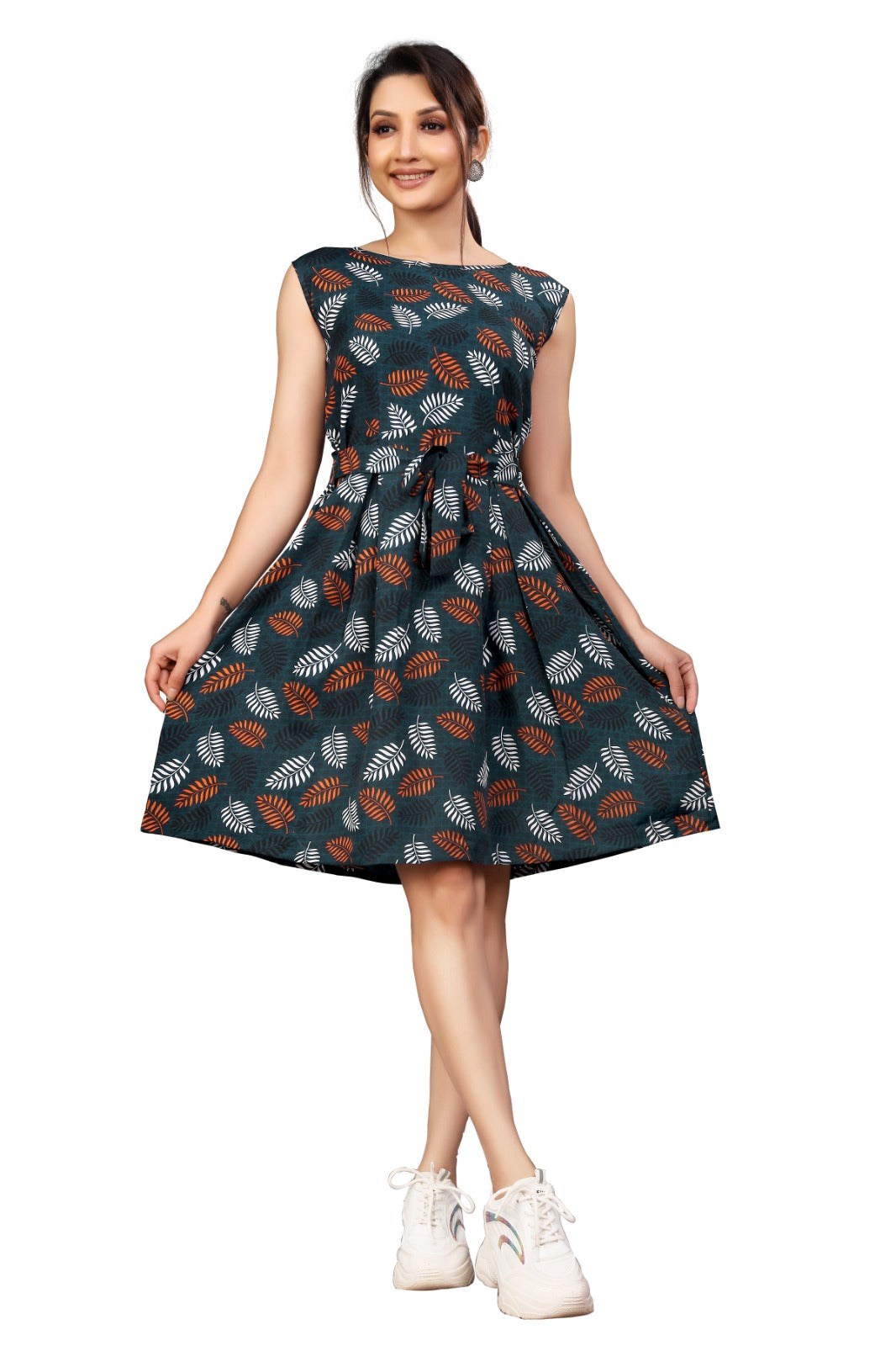 Dark Green Leaf Print Sleeveless Dress