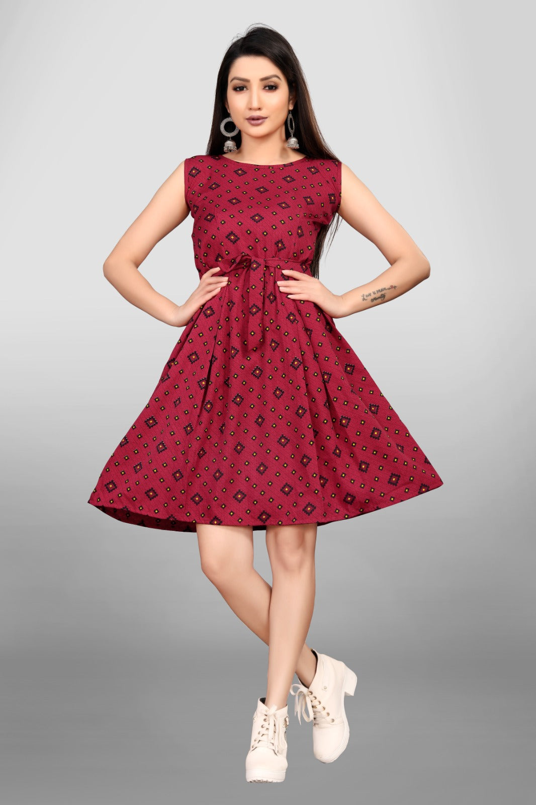 Maroon Geometric Print Dress