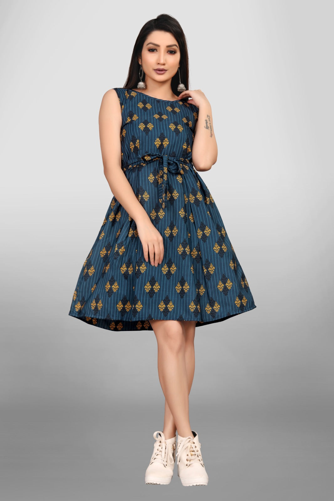 Teal Blue Printed Casual Dress