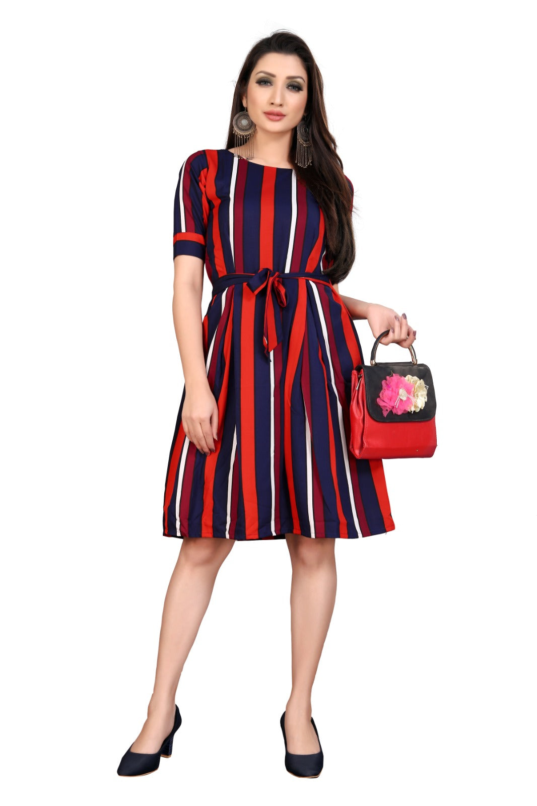 Red & Navy Striped Midi Dress